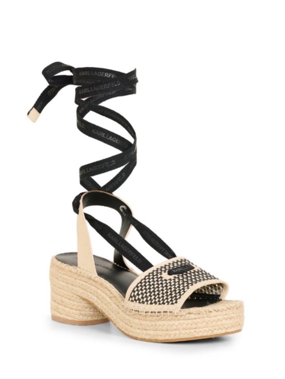 Karl Lagerfeld Black & Beige Espadrille Platform Sandals